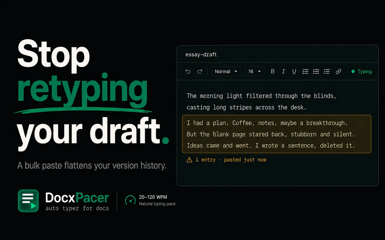 A bulk-pasted paragraph flagged as a single version-history entry — 'one entry, pasted just now'.