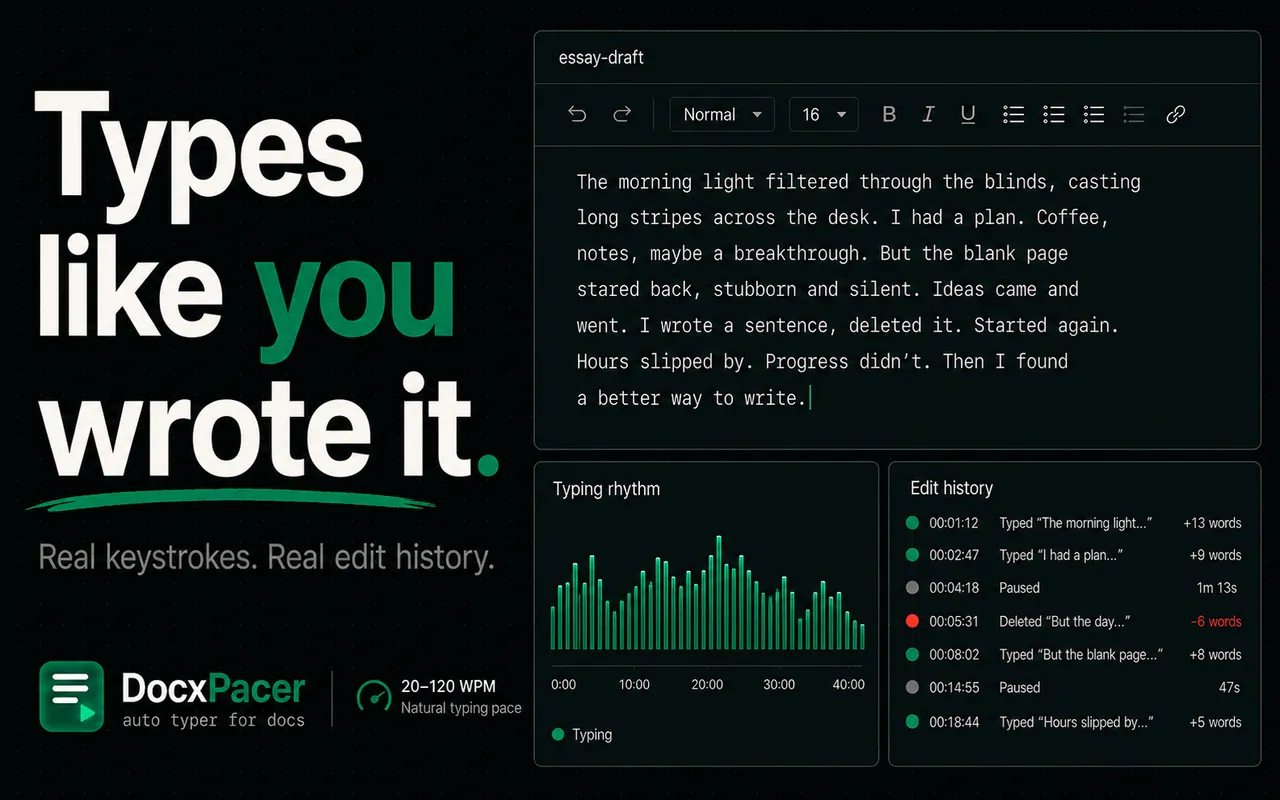 DocxPacer typing an essay draft into a document, with an editing-rhythm waveform and version history.