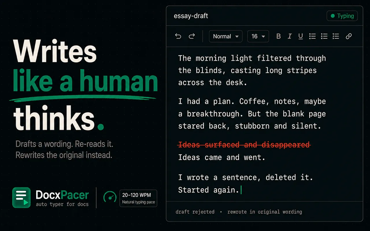 An editor where a drafted line is struck through and rewritten back to the original wording — 'draft rejected, rewrote in original wording'.