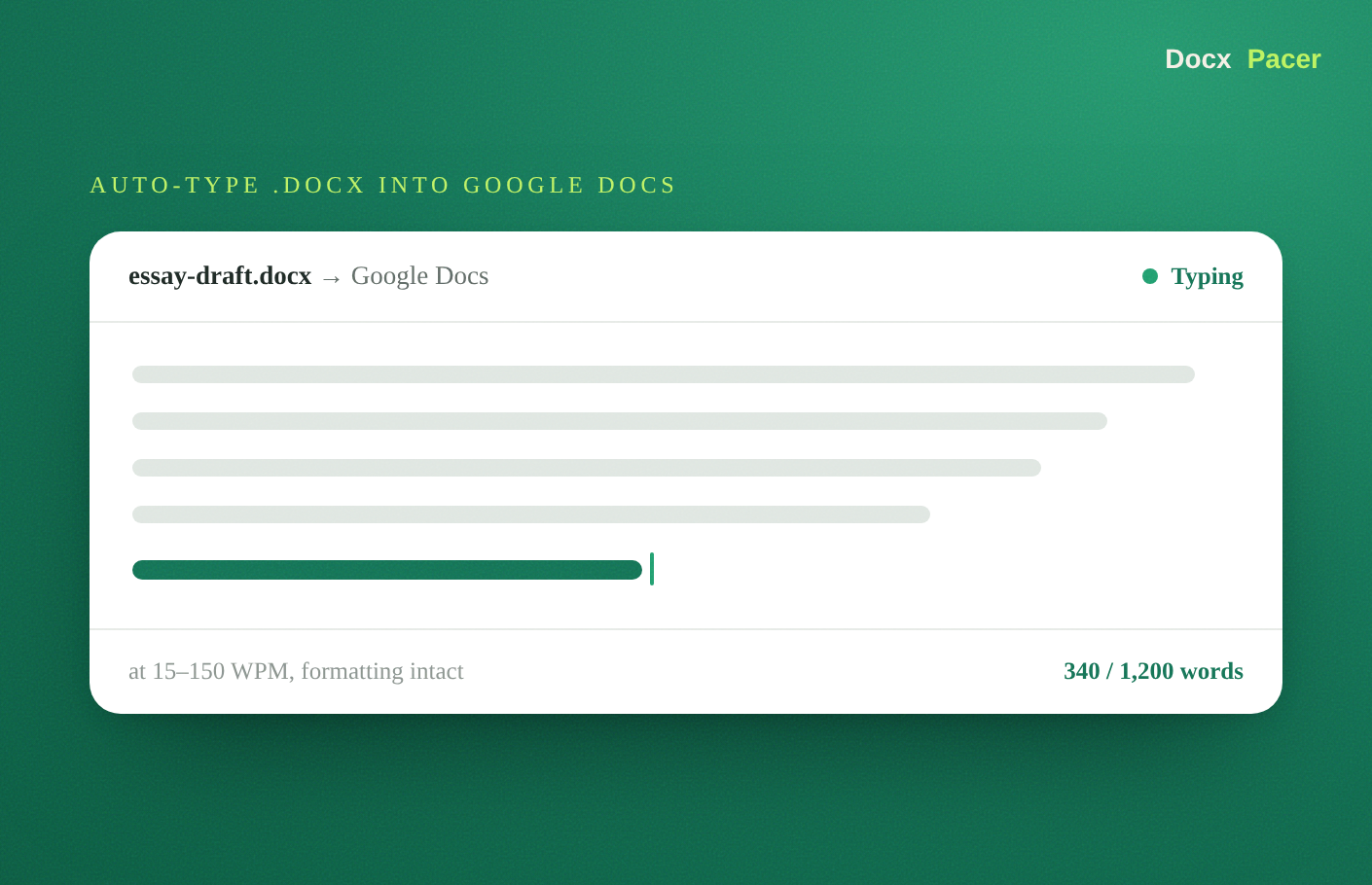The DocxPacer panel typing a .docx into a Google Doc at a human pace with live word-count progress