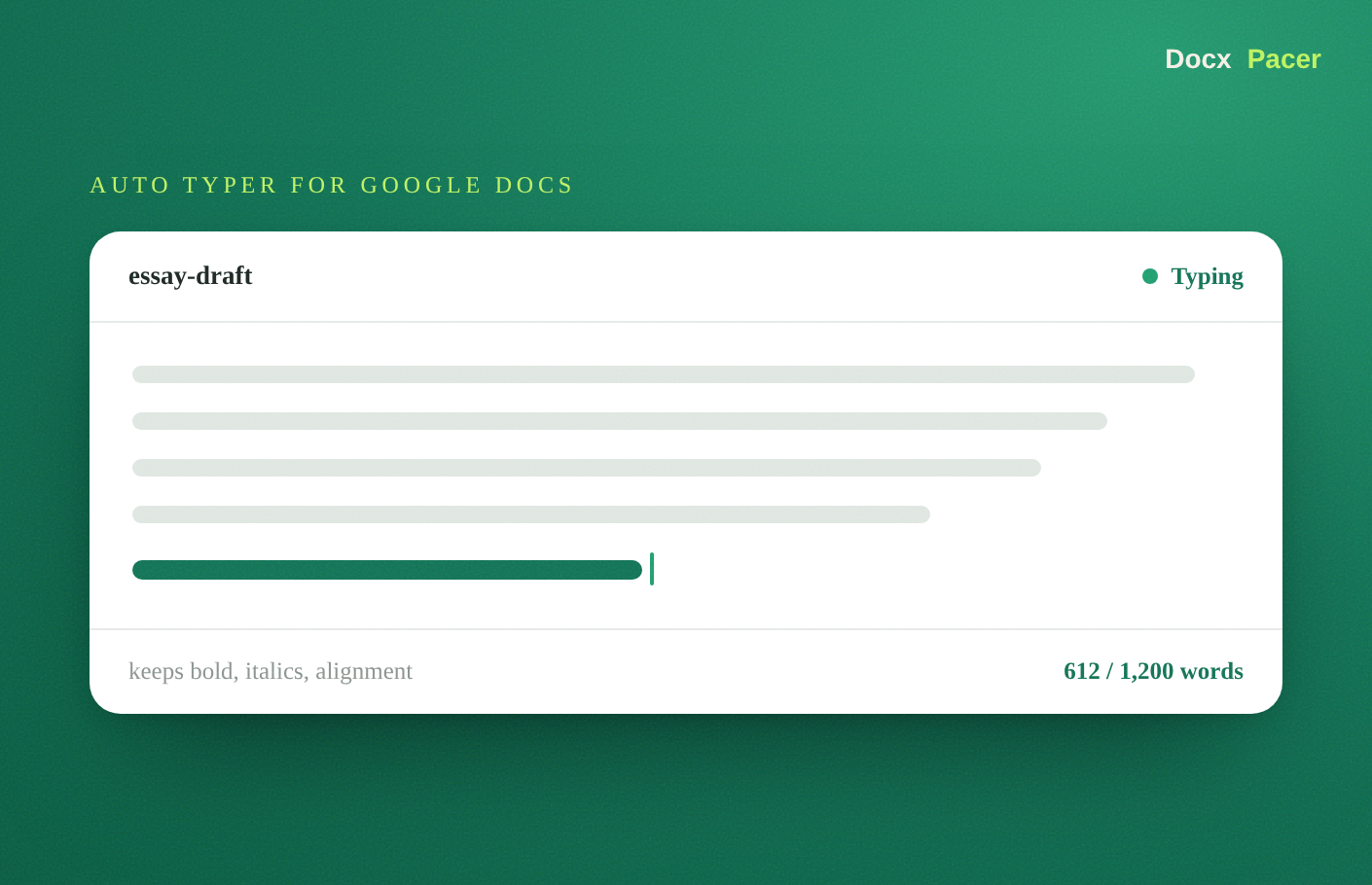 The DocxPacer panel typing a document into a Google Doc at human pace, showing live word-count progress